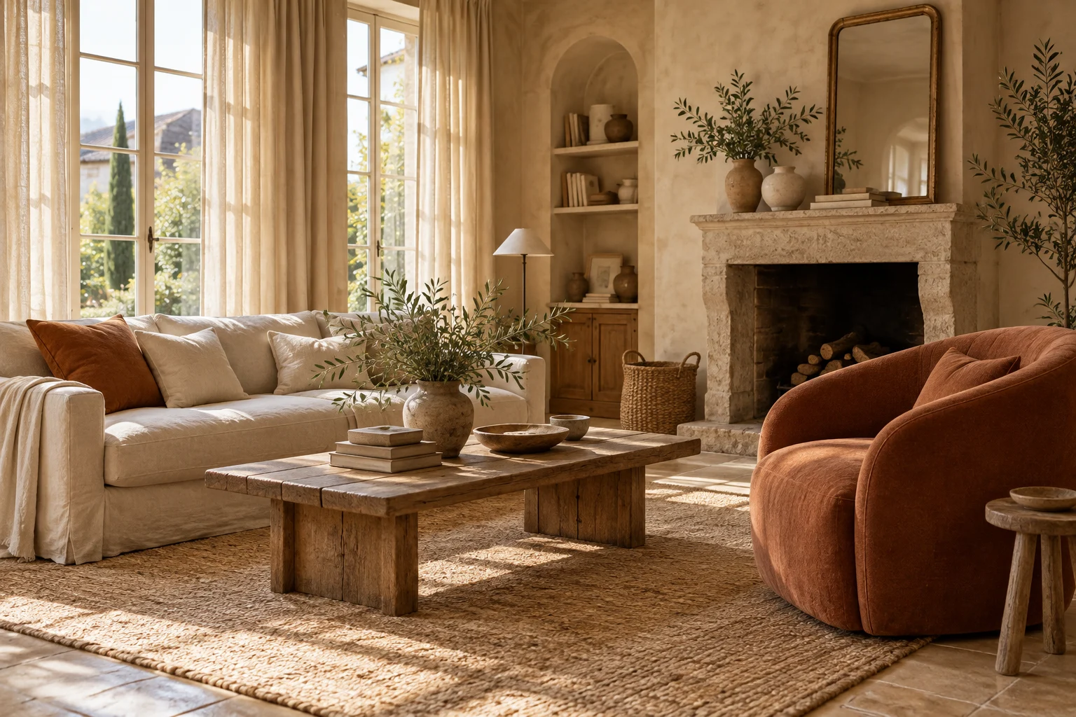 Ambiance cosy : lin naturel, fauteuil terracotta et lumière douce