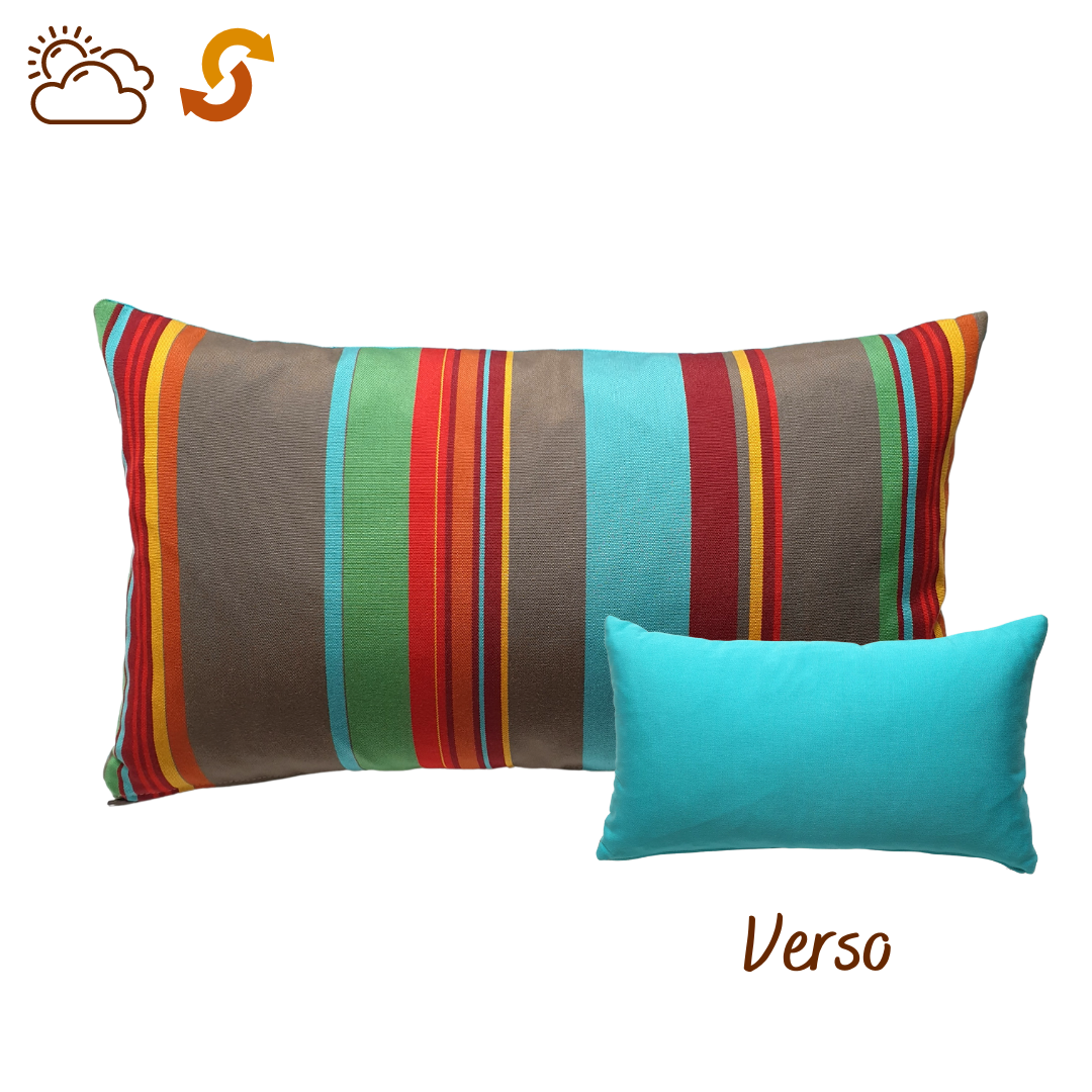 Coussin extérieur double face - rayures multicolore + bleu turquoise