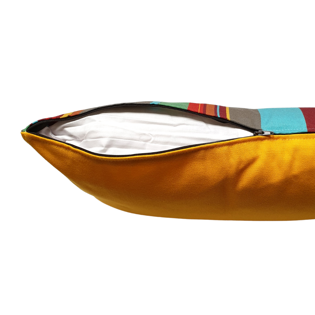 Coussin extérieur double face - rayures multicolore + jaune