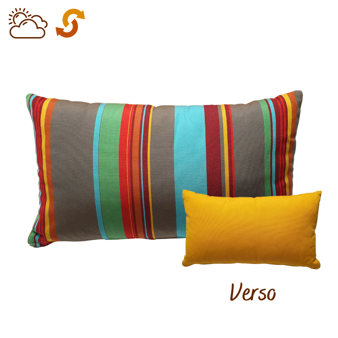 Coussin extérieur double face - rayures multicolore + jaune
