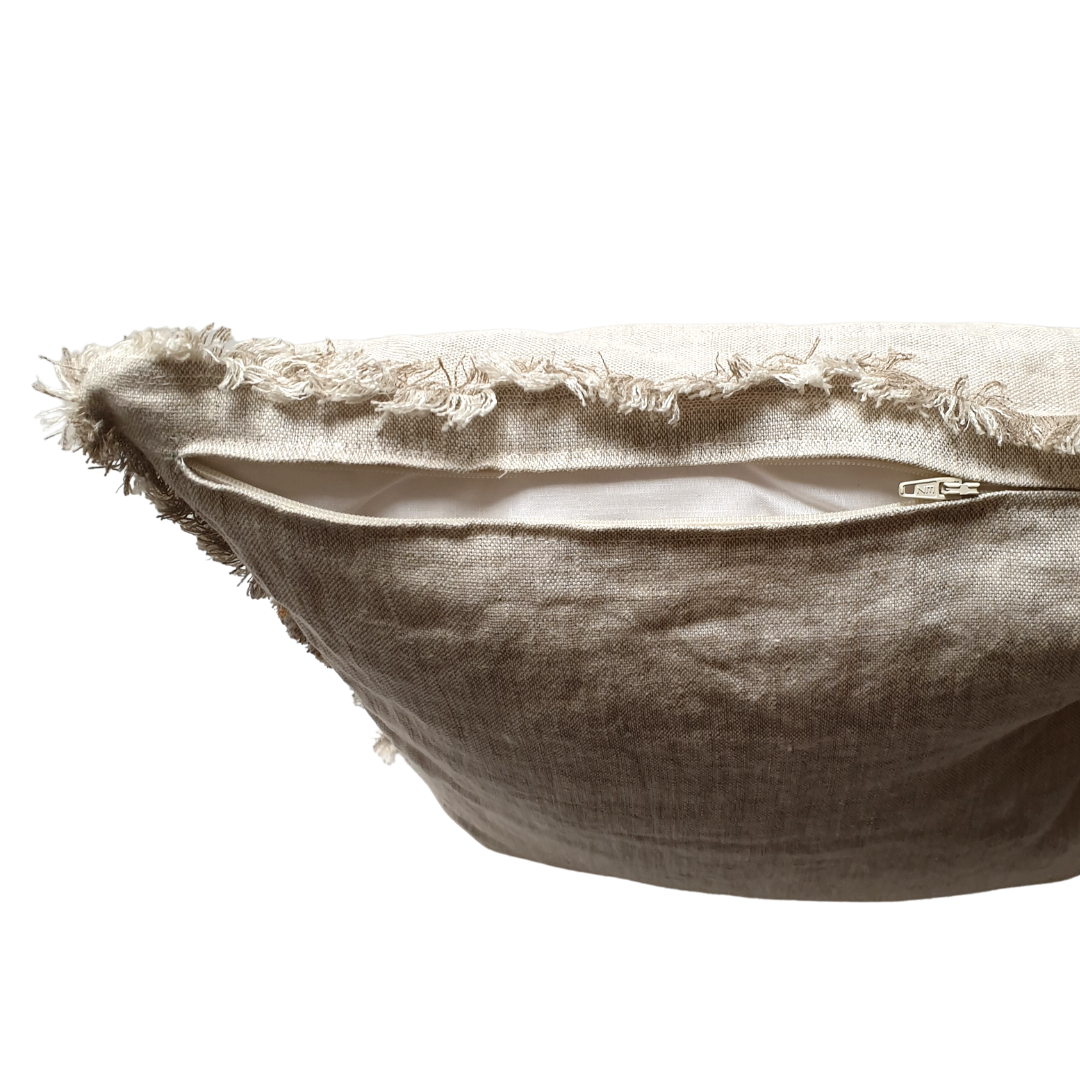 Coussin 100% lin lavé naturel - franges et feuilles