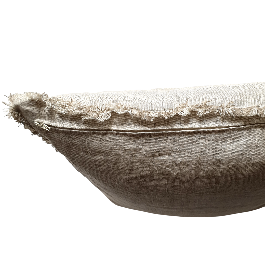 Coussin 100% lin lavé naturel - franges et feuilles