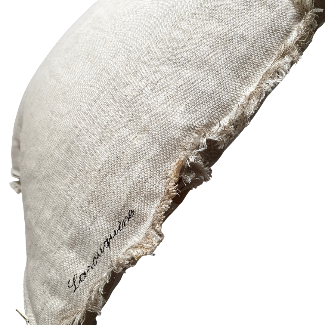 Coussin 100% lin lavé naturel - franges et feuilles