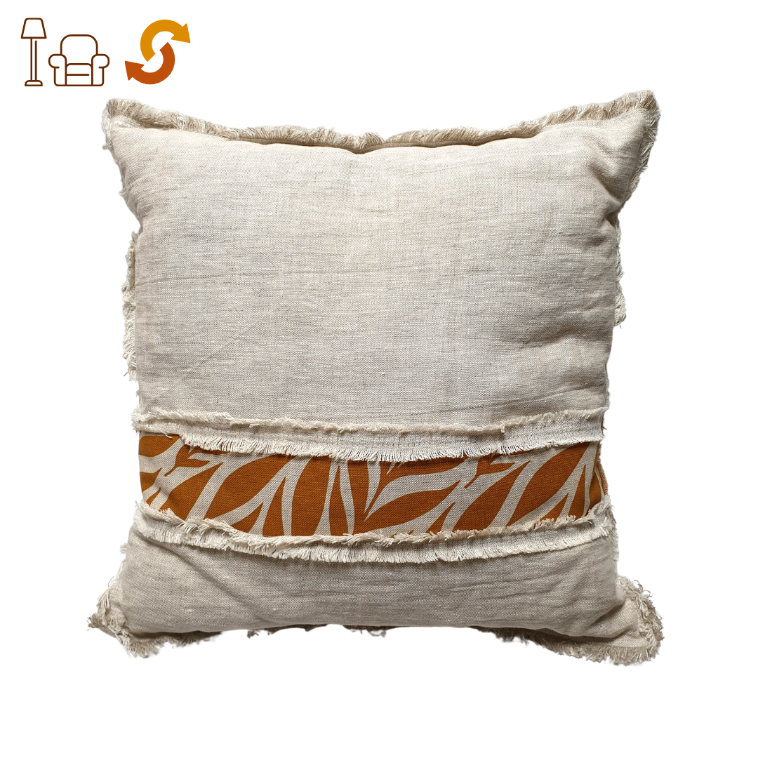 Coussin 100% lin lavé naturel - franges et feuilles