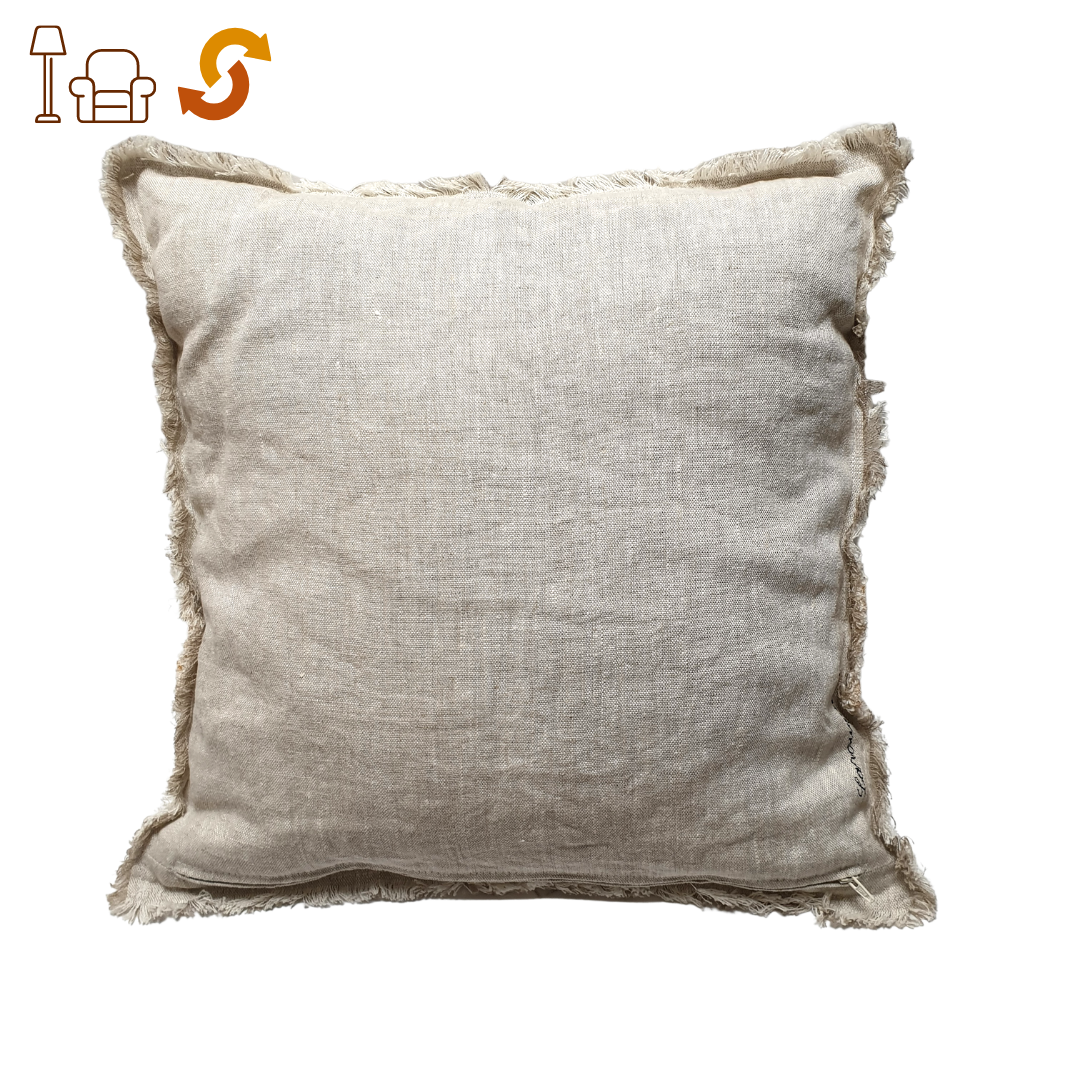 Coussin 100% lin lavé naturel - franges et feuilles