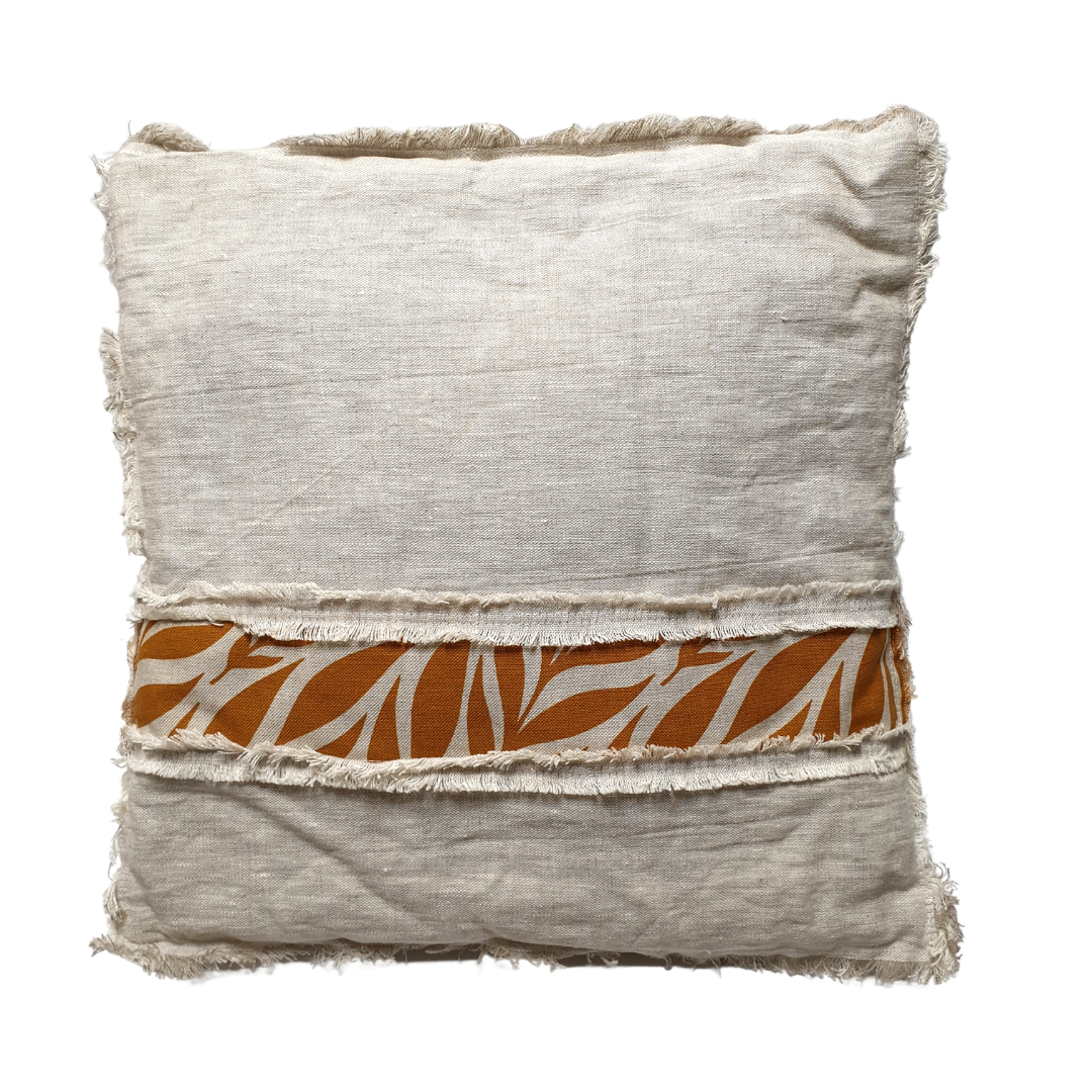 Coussin 100% lin lavé naturel - franges et feuilles