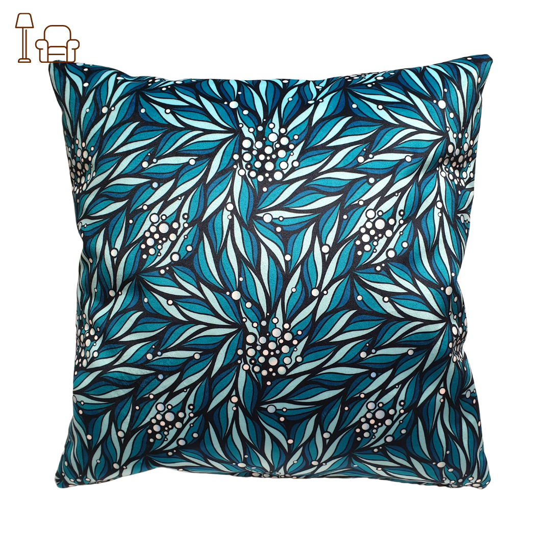 Coussin d'intérieur 40x40cm en velours, nuances de bleu et motifs végétal avec perles de rosée