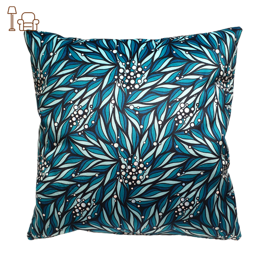 Coussin d'intérieur 40x40cm en velours, nuances de bleu et motifs végétal avec perles de rosée